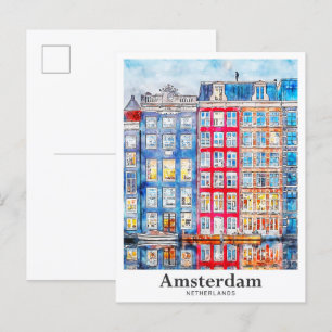 Carte Postale Aquarelle de voyage Amsterdam Pays-Bas tirée à la 