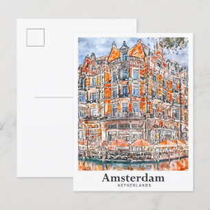Carte Postale Aquarelle de voyage Amsterdam Pays-Bas tirée à la