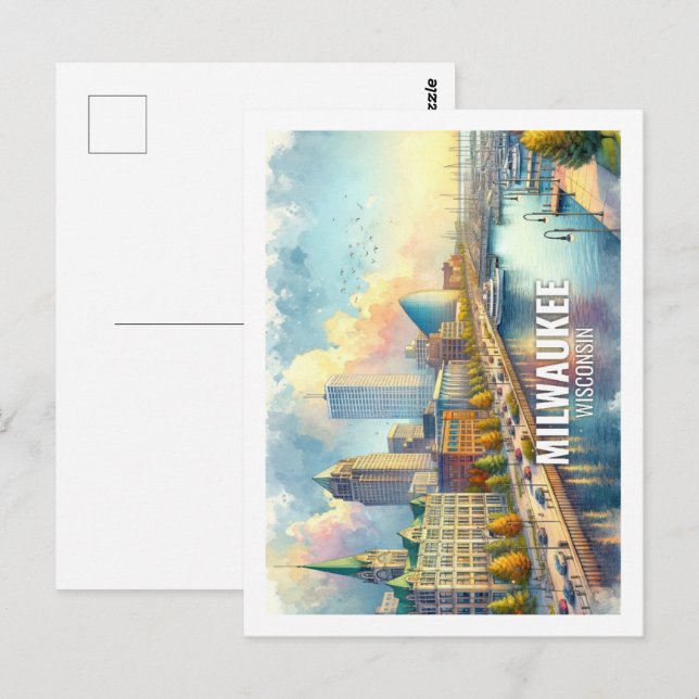 Carte Postale Aquarelle de voyage célèbre Milwaukee Wisconsin (Devant / Derrière)