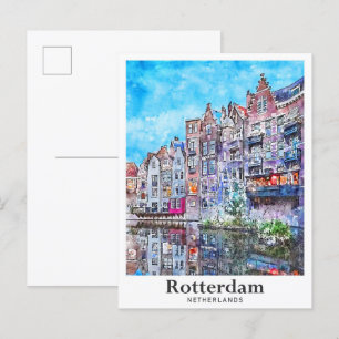 Carte Postale Aquarelle de voyage Rotterdam Pays-Bas tirée