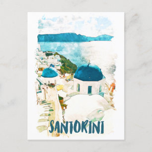 Carte Postale Aquarelle de voyage Santorin Grèce