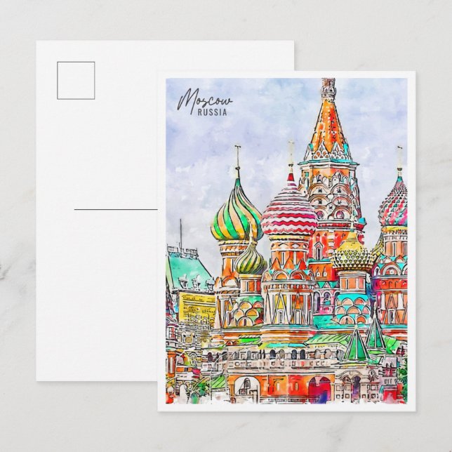 Carte Postale Aquarelle de voyage vintage Moscou Russie (Devant / Derrière)