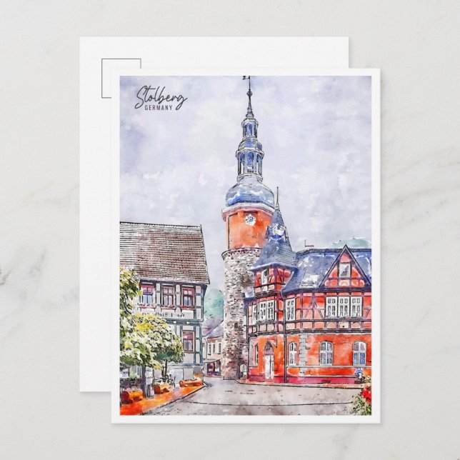 Carte Postale Aquarelle de voyage vintage Stolberg Allemagne (Devant / Derrière)
