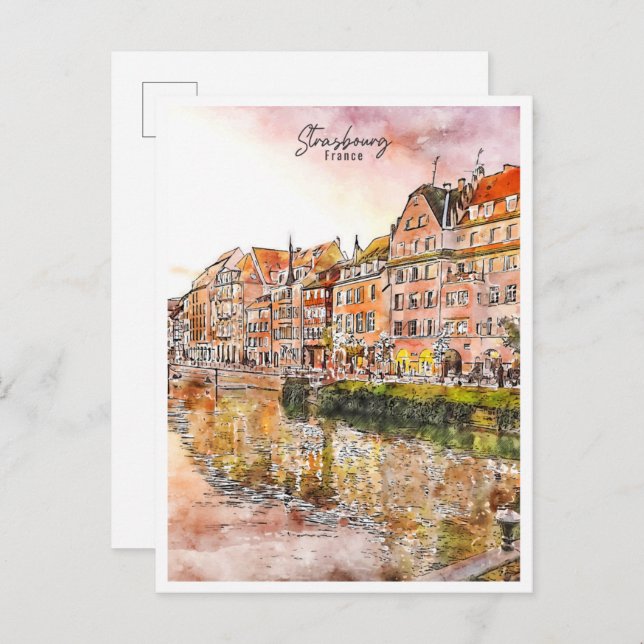Carte Postale Aquarelle de voyage vintage Strasbourg France (Devant / Derrière)