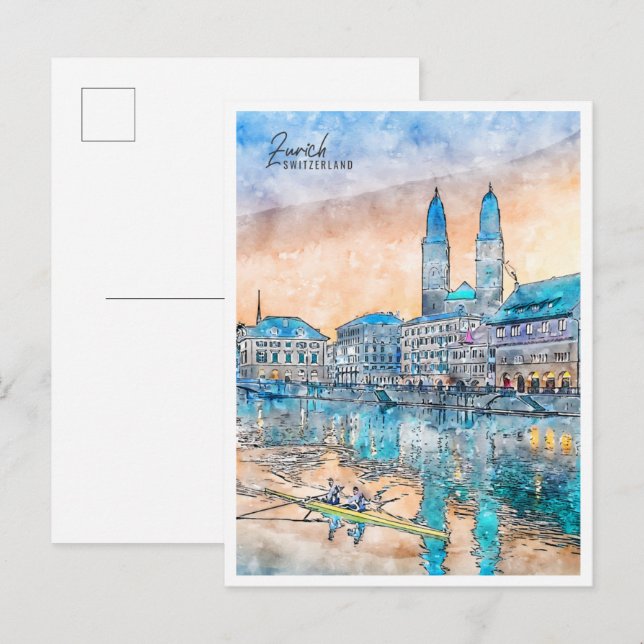 Carte Postale Aquarelle de voyage vintage Suisse Zurich (Devant / Derrière)