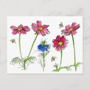 Carte Postale Aquarelle des abeilles Fleurs rose Cosmos
