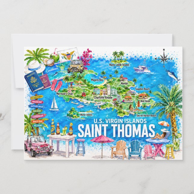 Carte postale aquarelle des îles Vierges Saint-Tho (Devant)