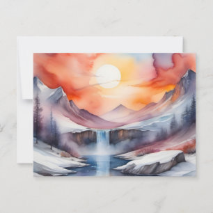 Carte Postale Aquarelle des montagnes enneigées sous le coucher 