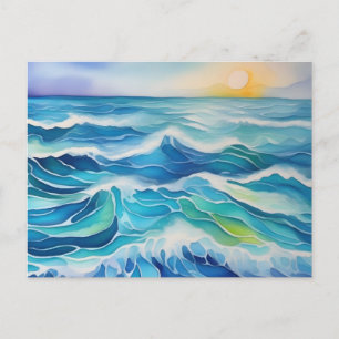 Carte Postale Aquarelle des vagues sous le soleil
