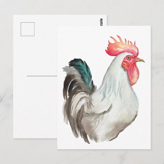 Carte Postale Aquarelle dessinée à la main d'un coq (Devant / Derrière)