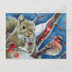 Carte Postale Aquarelle d'hiver Oiseaux Finds Berries Aquarelle 