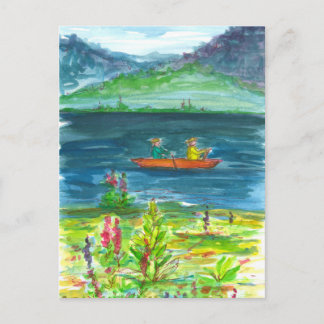 Carte Postale Aquarelle du lac d'Orange Kayak Mountain