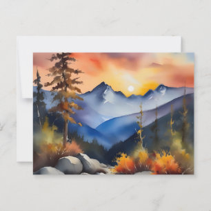 Carte Postale Aquarelle du lever du soleil sur les montagnes enn