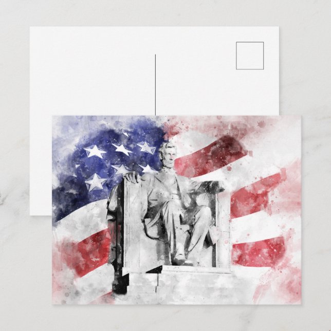 Carte Postale Aquarelle du Lincoln Memorial avec drapeau américa (Devant / Derrière)