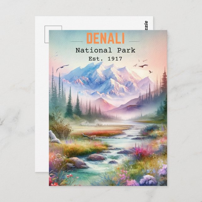 Carte Postale Aquarelle du mont Alaska du parc national Denali (Devant / Derrière)