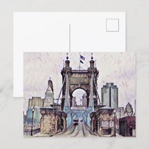 Carte Postale Aquarelle du pont suspendu Cincinnati Roebling