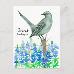 Carte Postale Aquarelle du Texas Mockingbird Bluebonnet