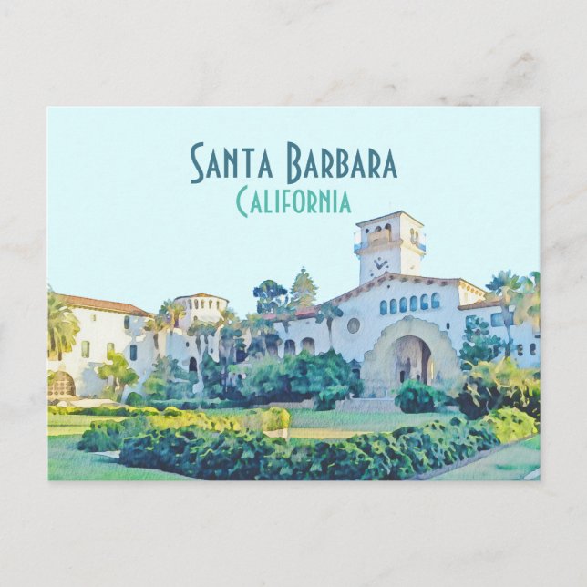 Carte Postale Aquarelle du tribunal de Santa Barbara en Californ (Devant)