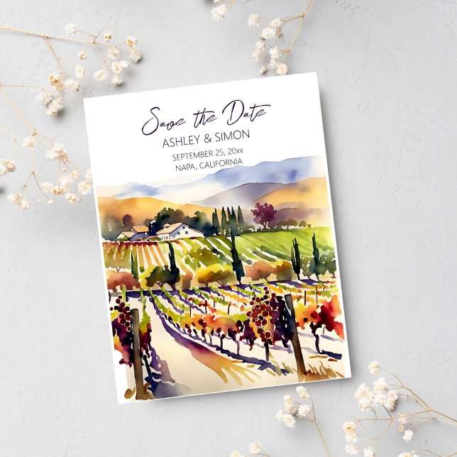 Carte Postale Aquarelle du vignoble Napa Valley enregistrer la d (Save the date Napa valley vineyard watercolor landscape California scenery save the date modern art)