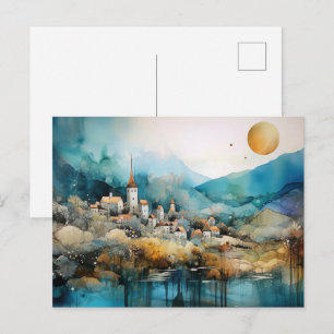 Carte postale aquarelle du village fantaisiste