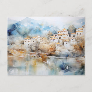 Carte postale aquarelle du village fantaisiste