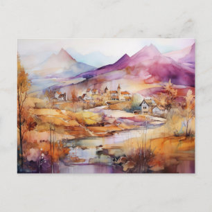 Carte postale aquarelle du village fantaisiste
