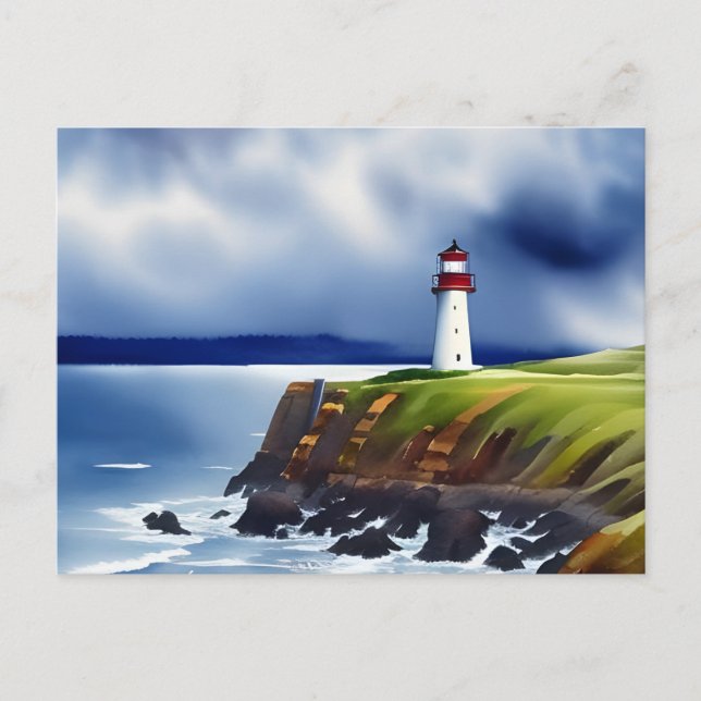 Carte postale aquarelle d'un phare sur les falaise (Devant)