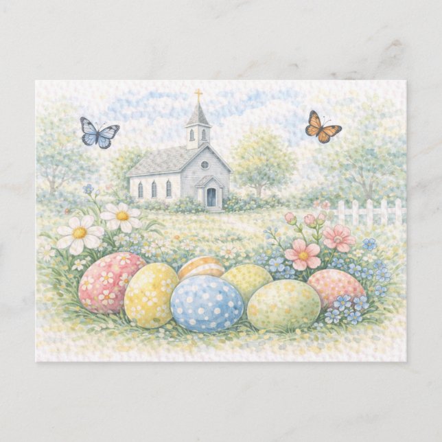 Carte postale aquarelle d'une église rustique de P (Devant)