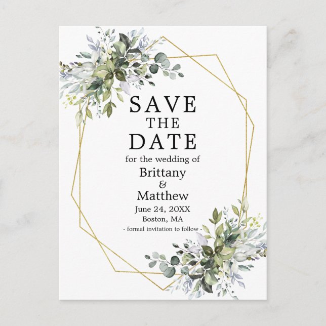 Carte Postale Aquarelle Dusty Blue Green Enregistrer La Date (Devant)