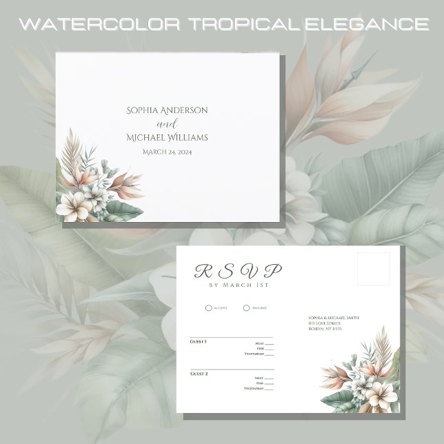 Carte Postale Aquarelle Élégance tropicale-RSVP-Mariage- (Watercolor Tropical Elegance Wedding Collection-RSVP- Green and Peach)
