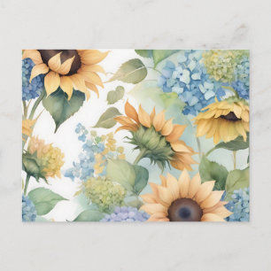 Carte Postale Aquarelle élégante de tournesols et d'hydrangeas