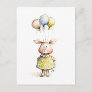 Carte Postale Aquarelle et dessin au crayon de porc avec ballons