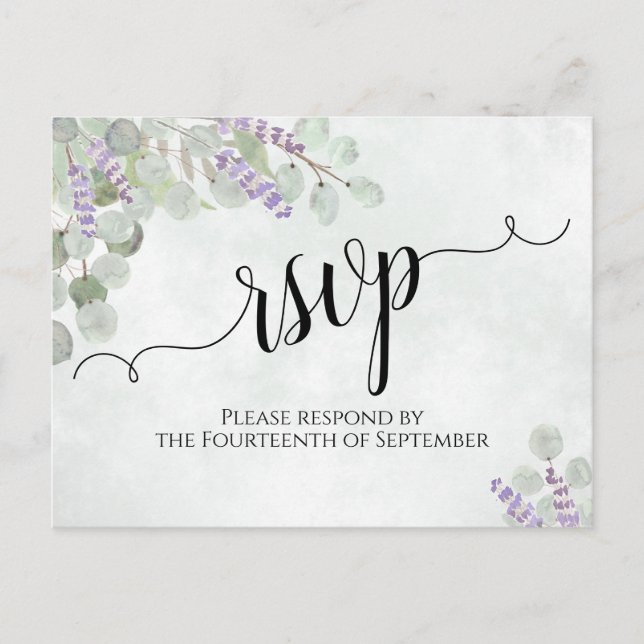 Carte Postale Aquarelle Eucalyptus & Mariage Lavande RSVP (Devant)