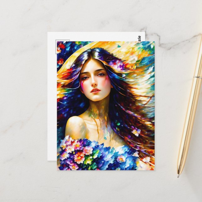 Carte Postale Aquarelle Femme Avec Fleurs (Devant/Arrière en situation)