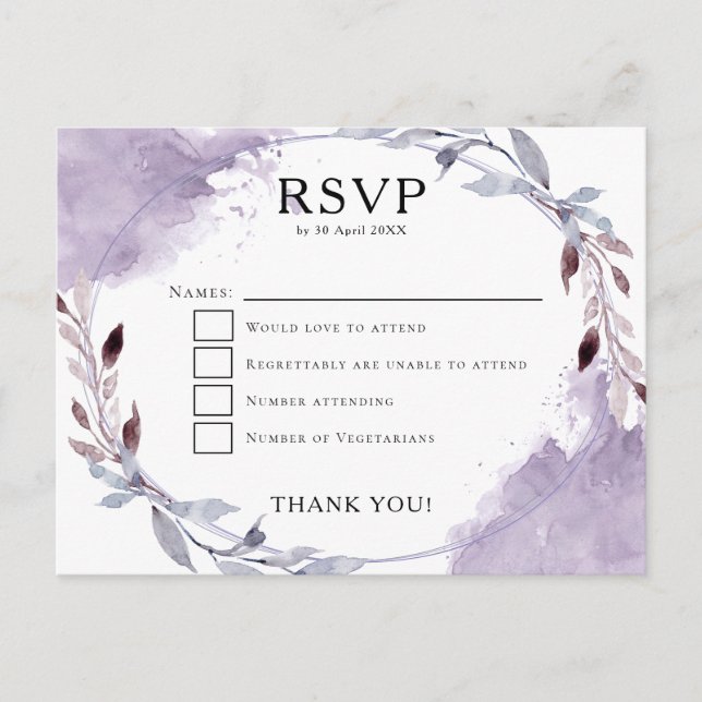 Carte Postale Aquarelle Feuilles violet Lilac Gris mariage RSVP (Devant)