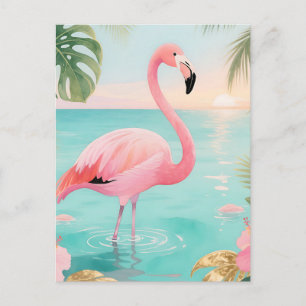 Carte Postale Aquarelle Flamingo Coucher de Soleil Tropical