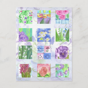 Carte Postale Aquarelle Fleur Collage Rose Rose Lilac Pansies
