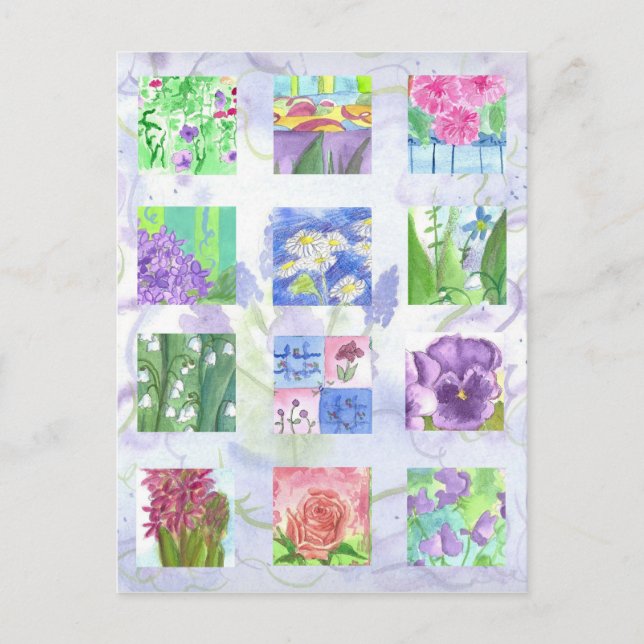 Carte Postale Aquarelle Fleur Collage Rose Rose Lilac Pansies (Devant)