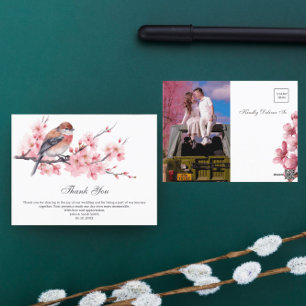 Carte Postale Aquarelle Fleurs de Cerisier Roses Mariage Remerci