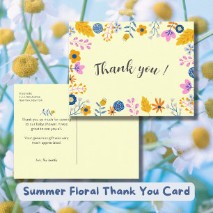 Carte Postale Aquarelle Fleurs d'été Baby shower Merci