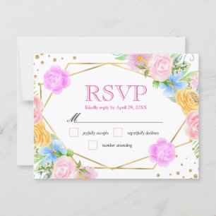 Carte Postale Aquarelle Fleurs Rose Jaune Bleu Mariage