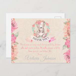 Carte Postale Aquarelle Floral Bear Baby shower Merci