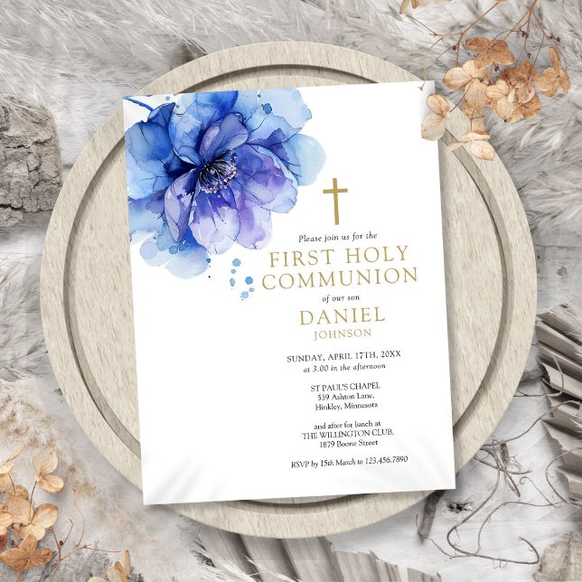 Carte Postale Aquarelle Floral Bleu Première Sainte Communion In (Watercolor Floral Blue First Holy Communion Invite)