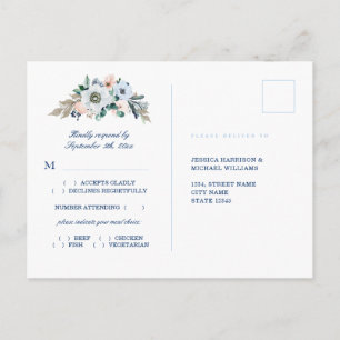 Carte Postale Aquarelle Floral Blue Stripes Plage Mariage RSVP