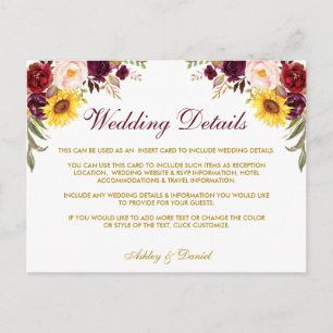 Carte Postale Aquarelle Floral Gold Détails du Mariage Insérer u