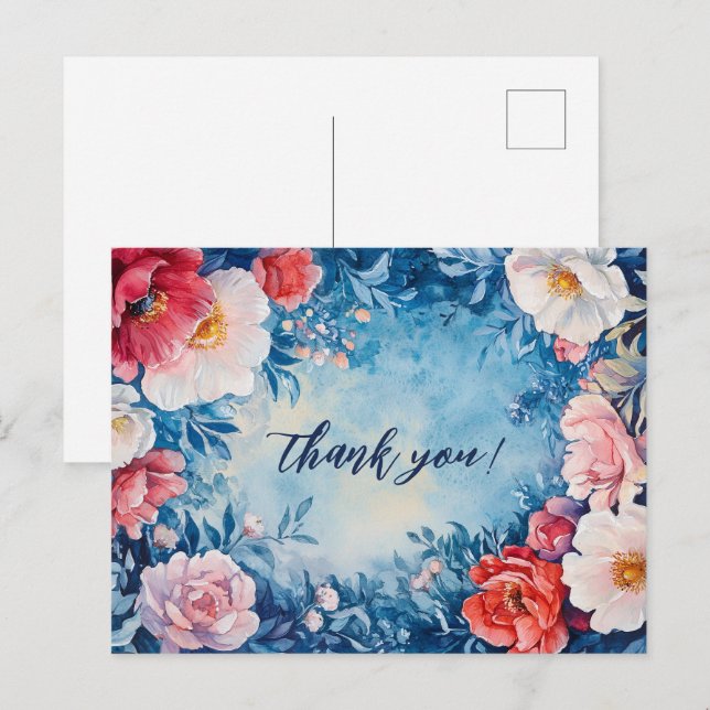 Carte Postale Aquarelle Floral MERCI bleu rose PERSONNALISÉ (Devant / Derrière)