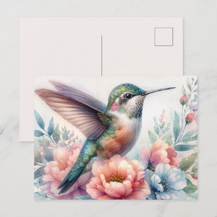 Carte postale aquarelle florale de colibri vert