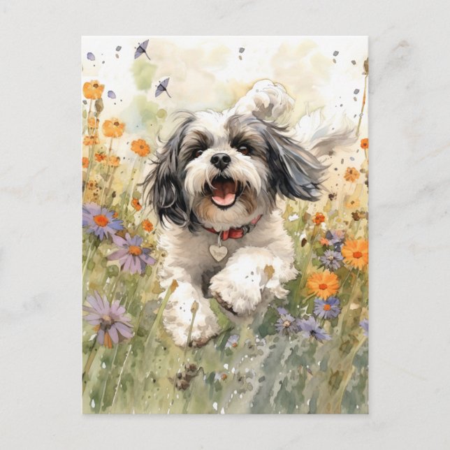 Carte Postale Aquarelle florale Shih Tzu courant à travers la fl (Devant)