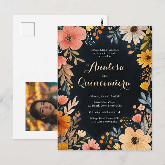 Carte Postale Aquarelle Florale sur Quinceañera foncé Photo pers (Devant / Derrière)