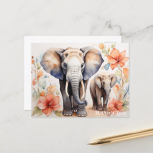 Carte Postale Aquarelle florale unique mère et enfant éléphant